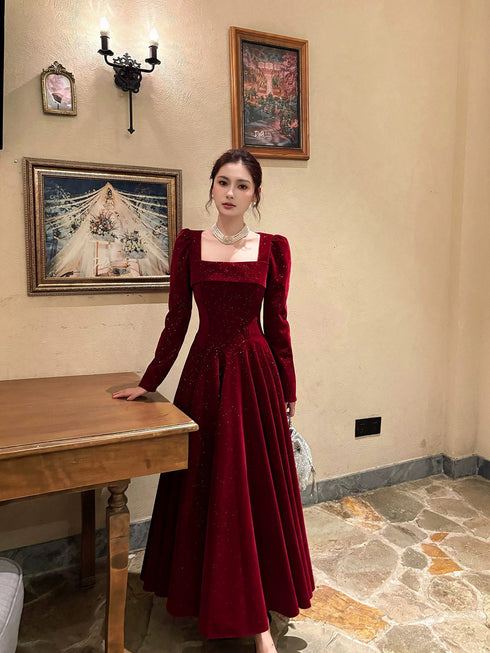 Wine Red Long Sleeves Velvet A-line Formal Dress, Wine Red Velvet Prom Dress Party Dress